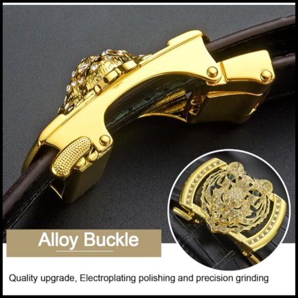 Luxury Men PU Leather Men\'s Belt Gold Tiger Head Automatic Buckle Ratchet